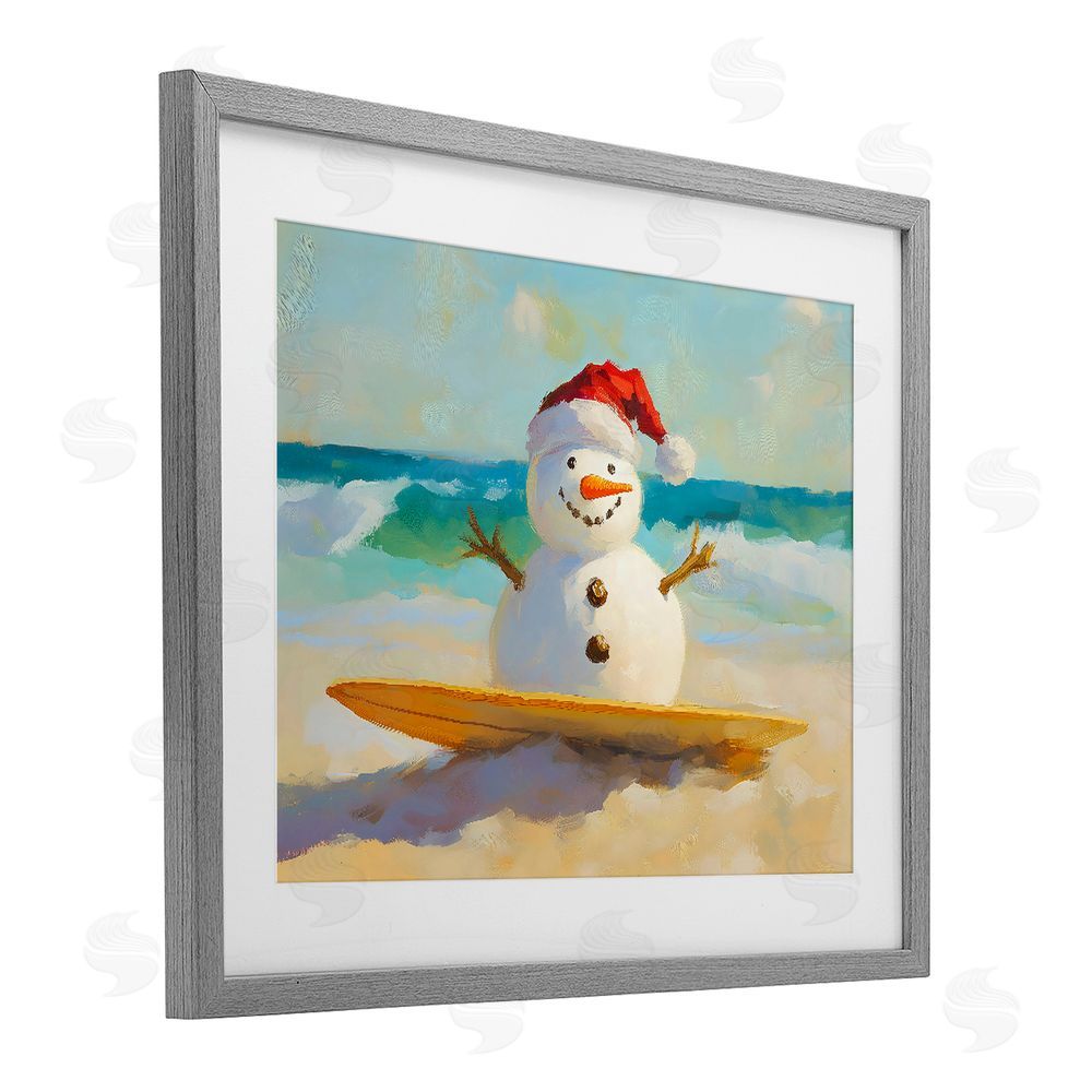 The Prints Vibe Surfer Snowman on Beach Gray Framed Print Under Glass with White Mat Wall Art