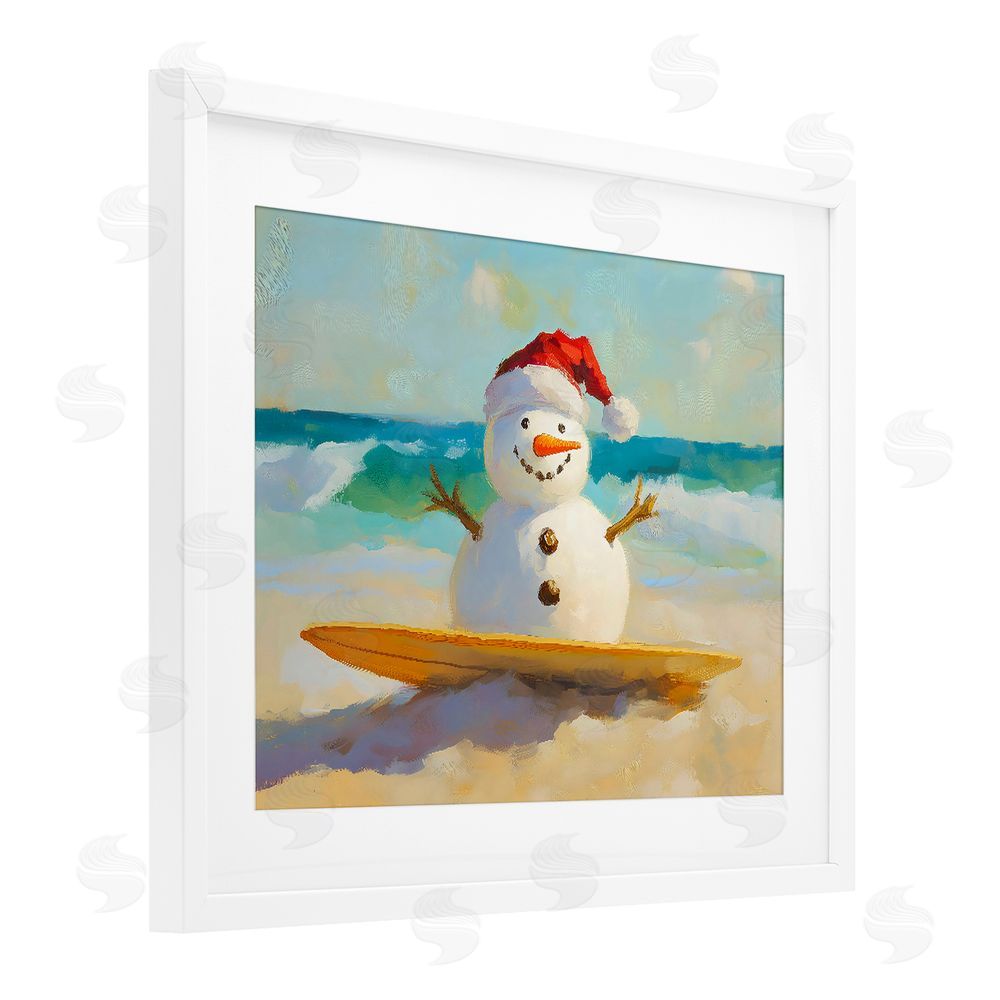 The Prints Vibe Surfer Snowman on Beach White Framed Print Under Glass with White Mat Wall Art