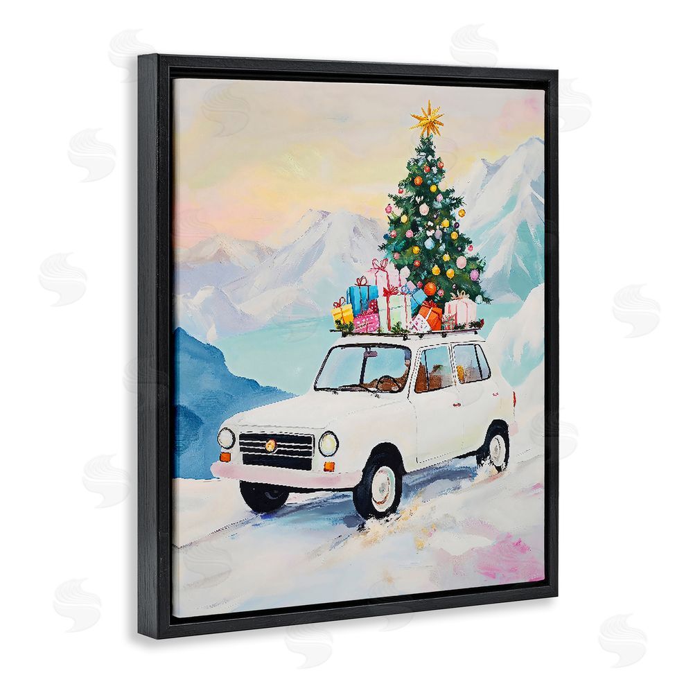 The Prints Vibe Christmas Van Trek Through Snow Black Floating Frame Canvas Wall Art Print