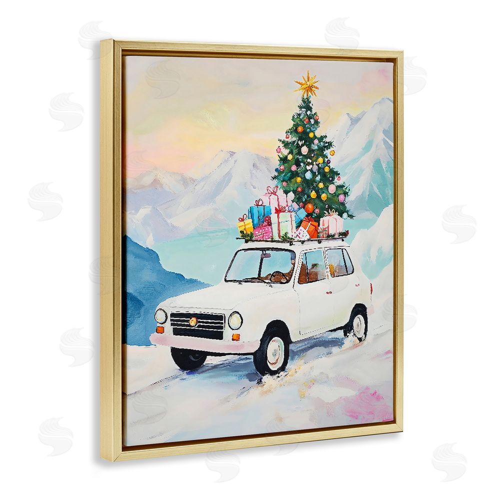 The Prints Vibe Christmas Van Trek Through Snow Gold Floating Frame Canvas Wall Art Print
