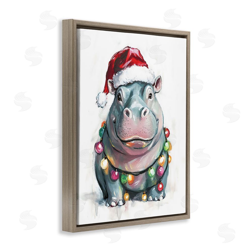 The Prints Vibe Christmas Lights Bedecked Hippo Brown Floating Frame Canvas Wall Art Print