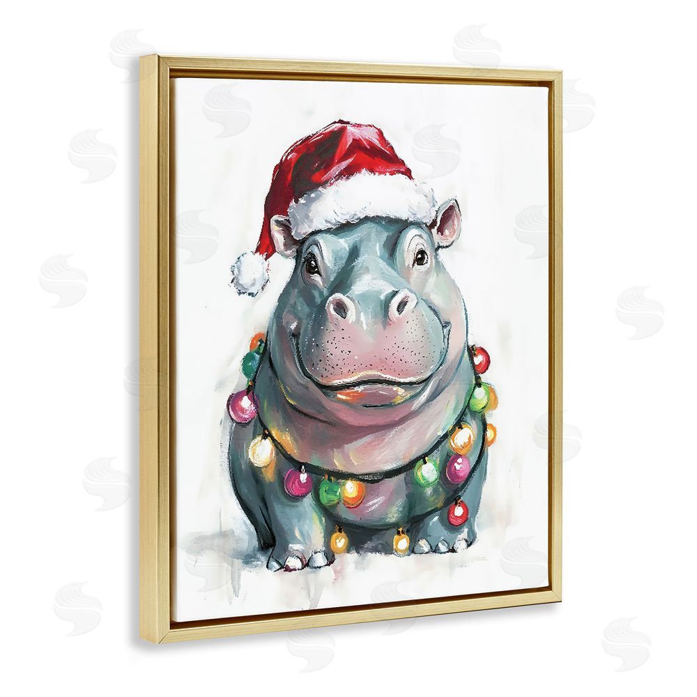 The Prints Vibe Christmas Lights Bedecked Hippo Gold Floating Frame Canvas Wall Art Print