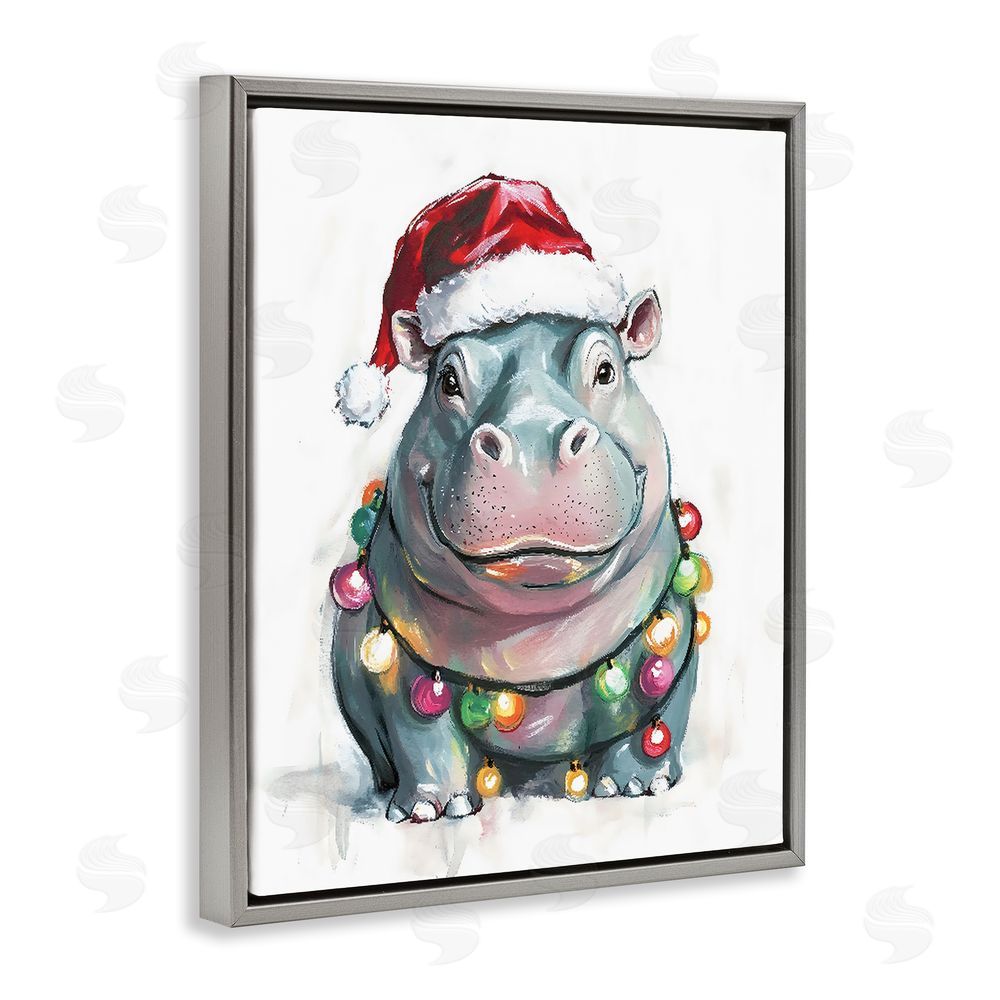 The Prints Vibe Christmas Lights Bedecked Hippo Gray Floating Frame Canvas Wall Art Print