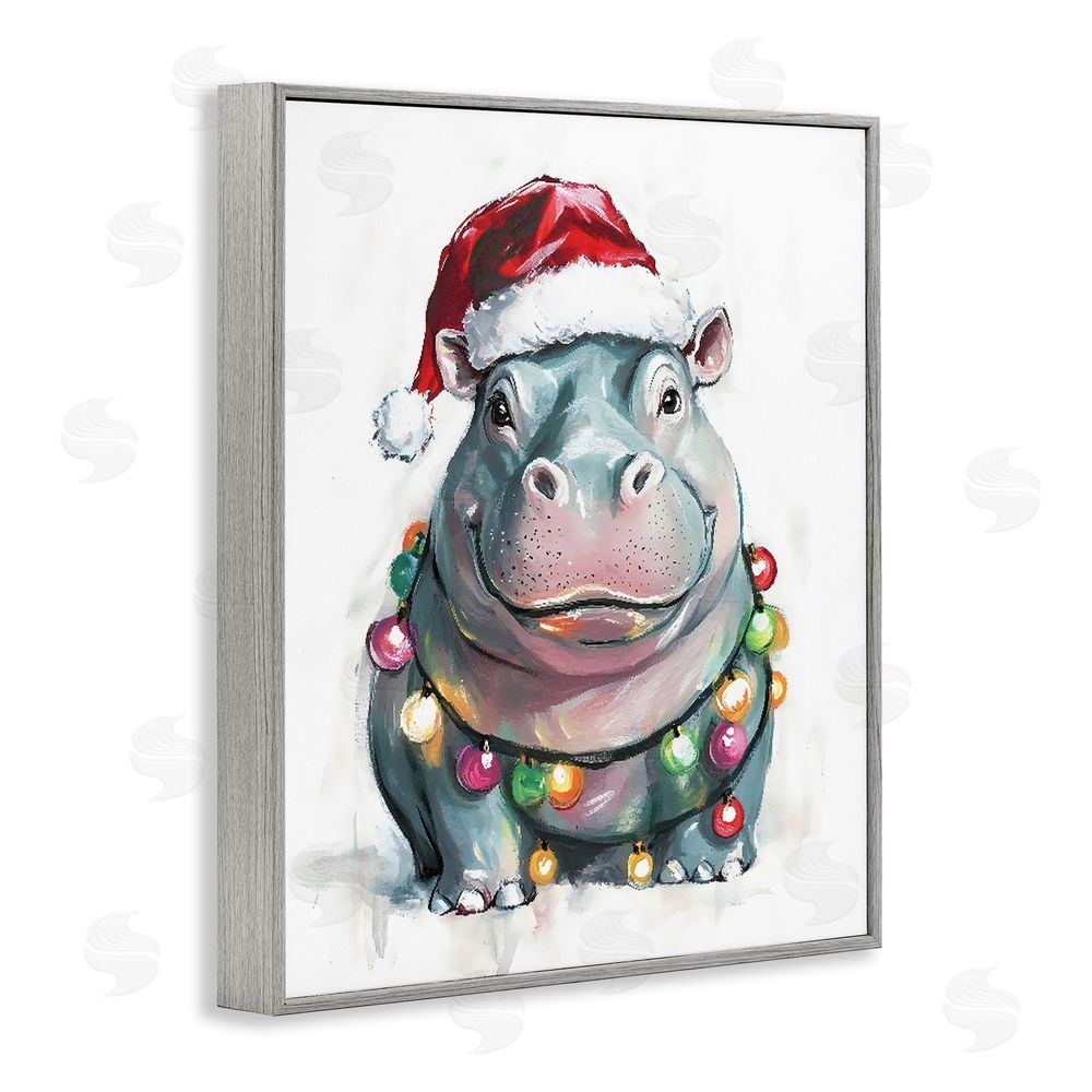 The Prints Vibe Christmas Lights Bedecked Hippo Gray Framed Giclee Wall Art Print