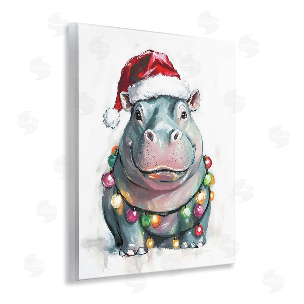 The Prints Vibe Christmas Lights Bedecked Hippo Wooden Wall Plaque Art Print