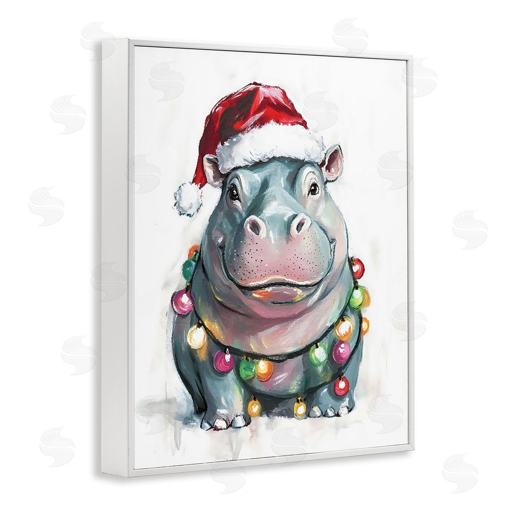 The Prints Vibe Christmas Lights Bedecked Hippo White Framed Giclee Wall Art Print