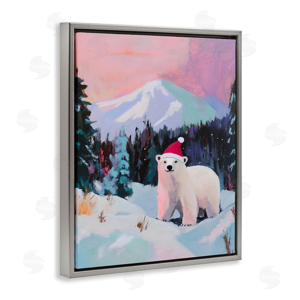 The Prints Vibe Christmas Polar Bear with Hat Gray Floating Frame Canvas Wall Art Print