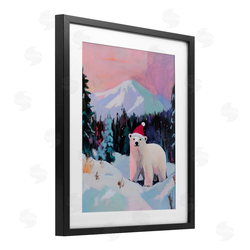 The Prints Vibe Christmas Polar Bear with Hat Black Framed Print Under Glass Wall Art