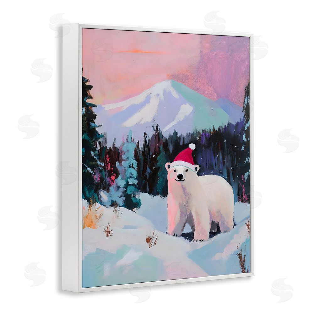 The Prints Vibe Christmas Polar Bear with Hat White Framed Giclee Wall Art Print