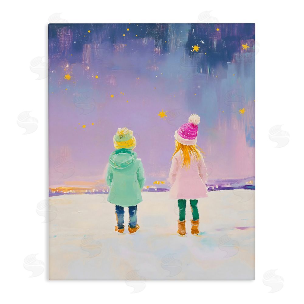 The Prints Vibe Children Watching Starry Winter Sky Stretched Canvas Wall Art