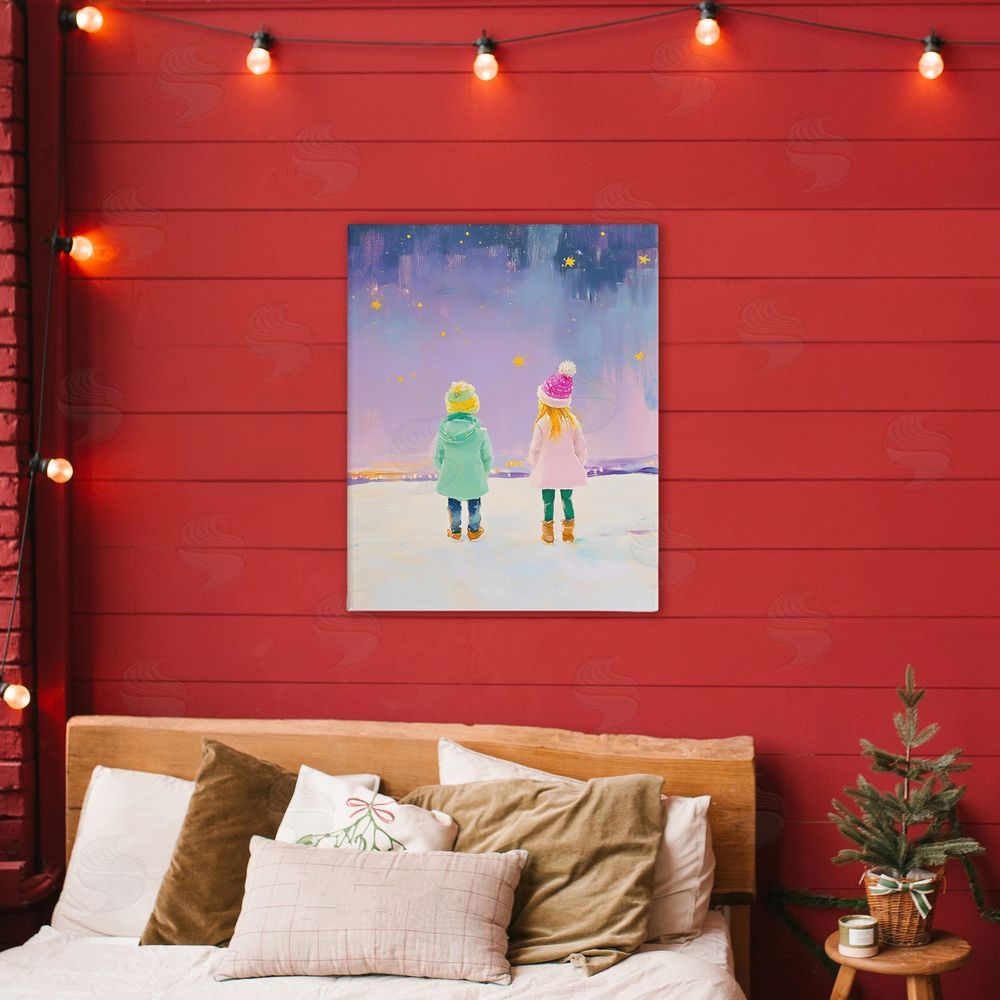 The Prints Vibe Children Watching Starry Winter Sky Stretched Canvas Wall Art in Room