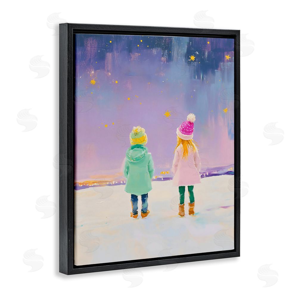 The Prints Vibe Children Watching Starry Winter Sky Black Floating Frame Canvas Wall Art Print
