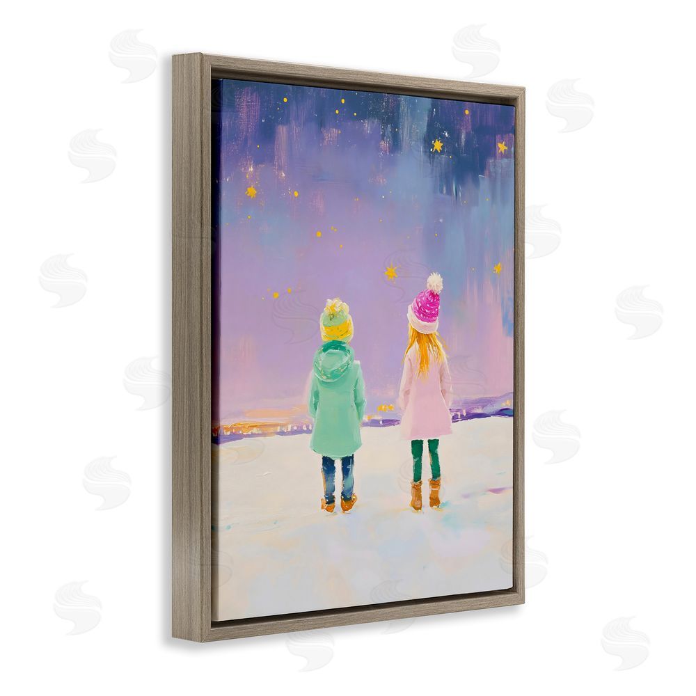 The Prints Vibe Children Watching Starry Winter Sky Brown Floating Frame Canvas Wall Art Print