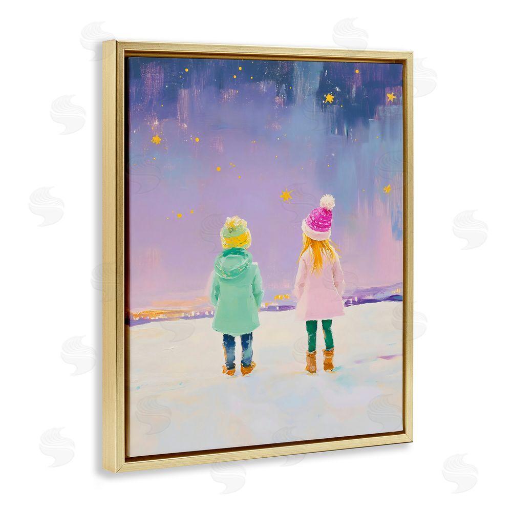 The Prints Vibe Children Watching Starry Winter Sky Gold Floating Frame Canvas Wall Art Print