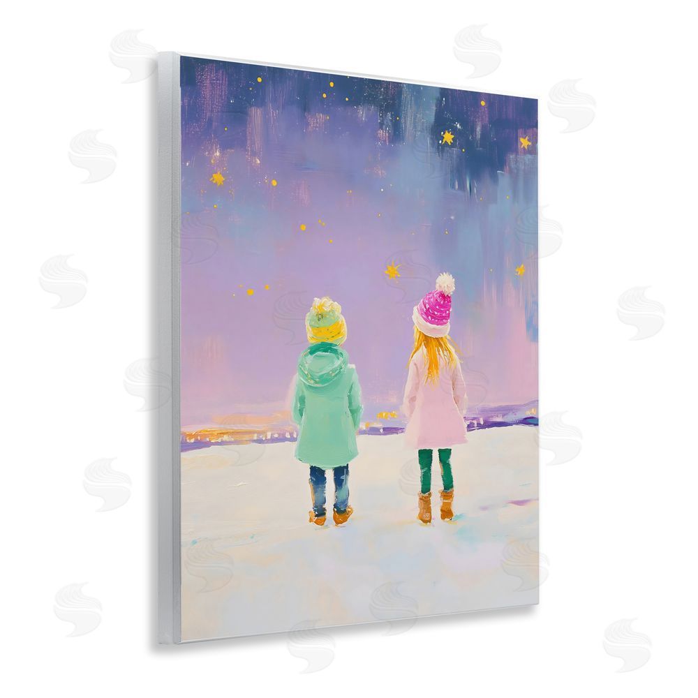 The Prints Vibe Children Watching Starry Winter Sky Wall Plaque with Fixed Lithograph Print