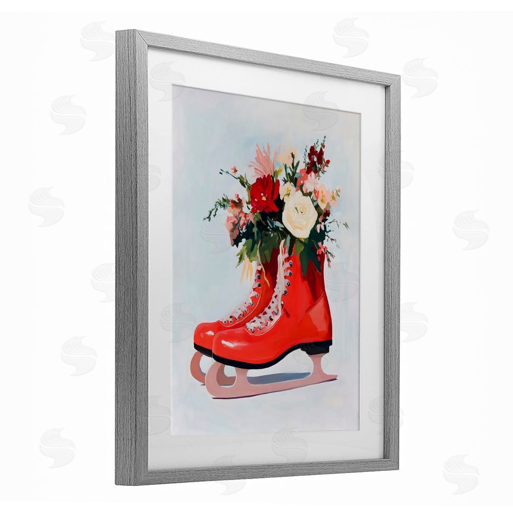 The Prints Vibe Floral Ice Skates Gray Framed Print Under Glass Wall Art