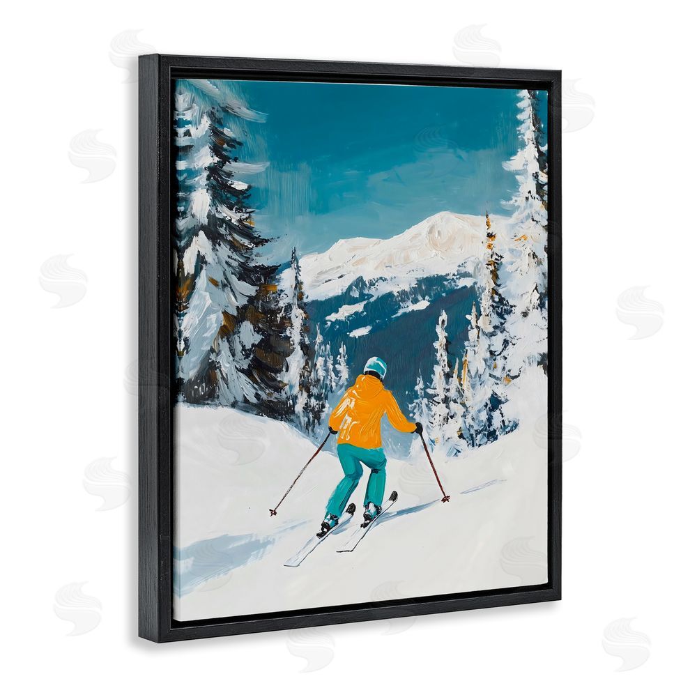 The Prints Vibe Downhill Skier on Mountain Black Floating Frame Canvas Wall Art Print