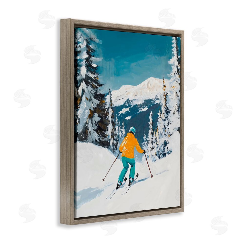 The Prints Vibe Downhill Skier on Mountain Brown Floating Frame Canvas Wall Art Print