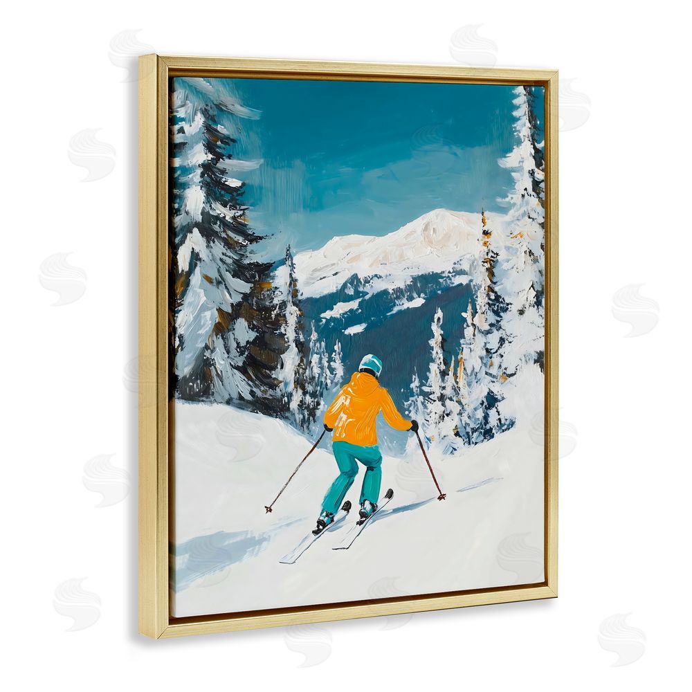 The Prints Vibe Downhill Skier on Mountain Gold Floating Frame Canvas Wall Art Print