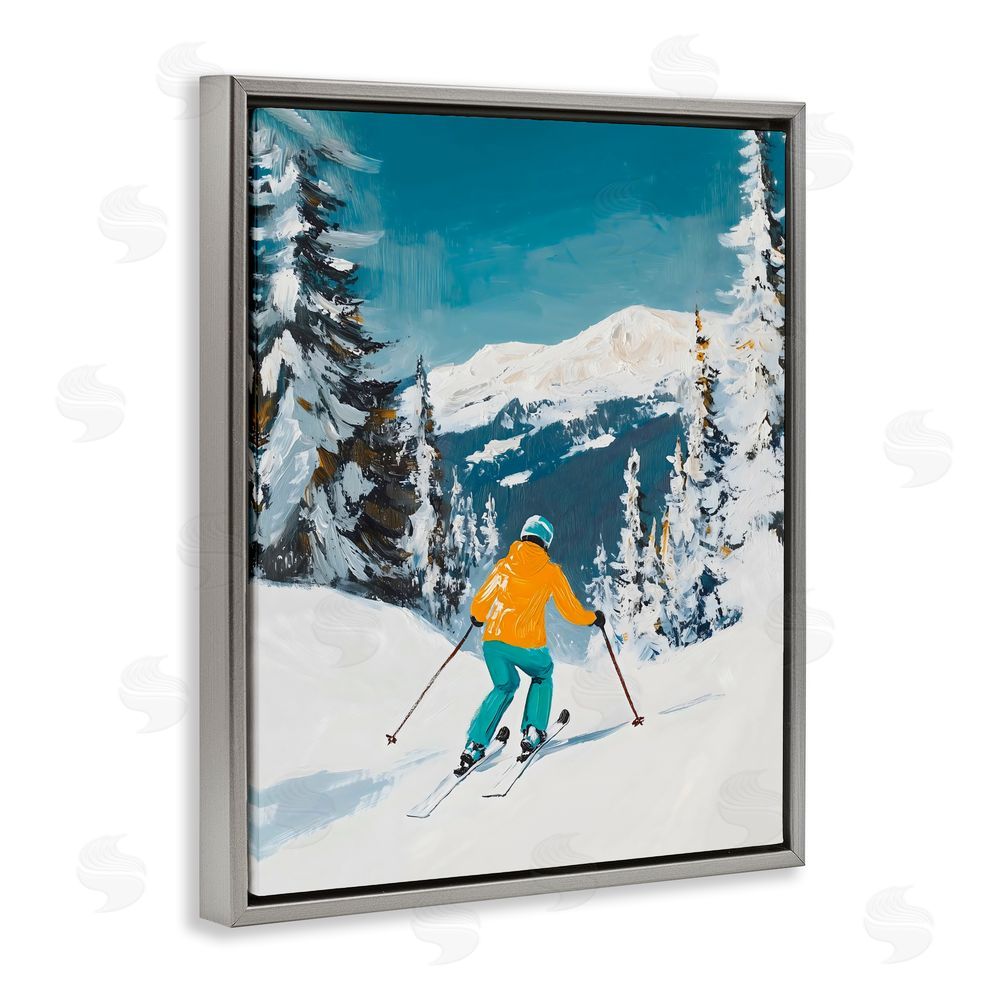 The Prints Vibe Downhill Skier on Mountain Gray Floating Frame Canvas Wall Art Print