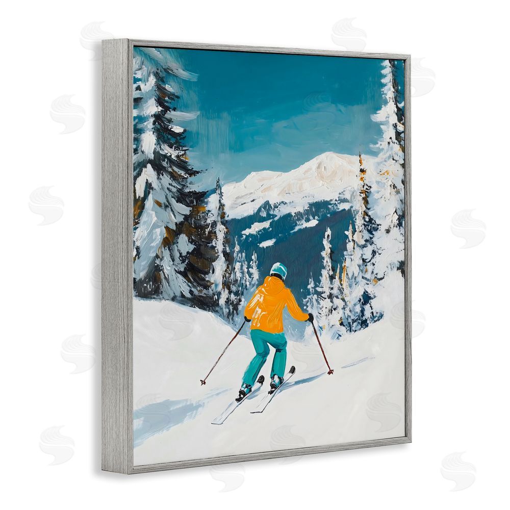 The Prints Vibe Downhill Skier on Mountain Gray Framed Giclee Wall Art Print