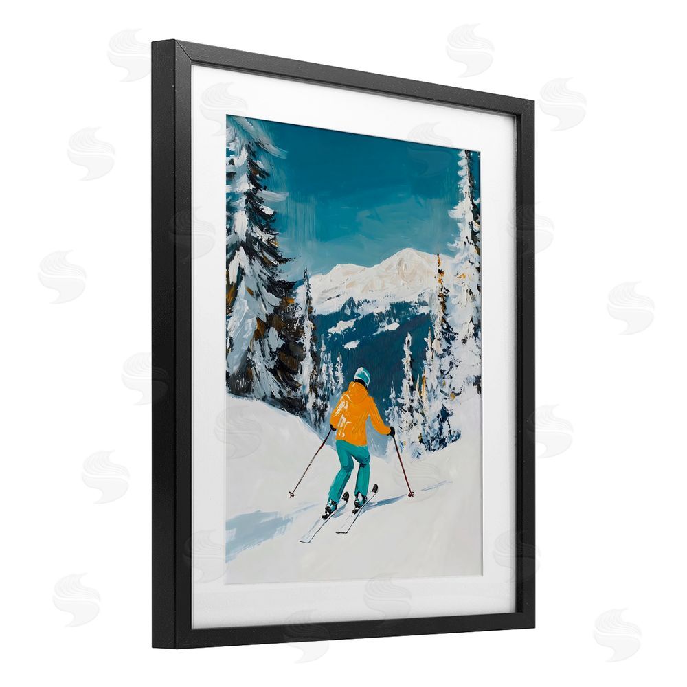 The Prints Vibe Downhill Skier on Mountain Black Framed Print Under Glass Wall Art