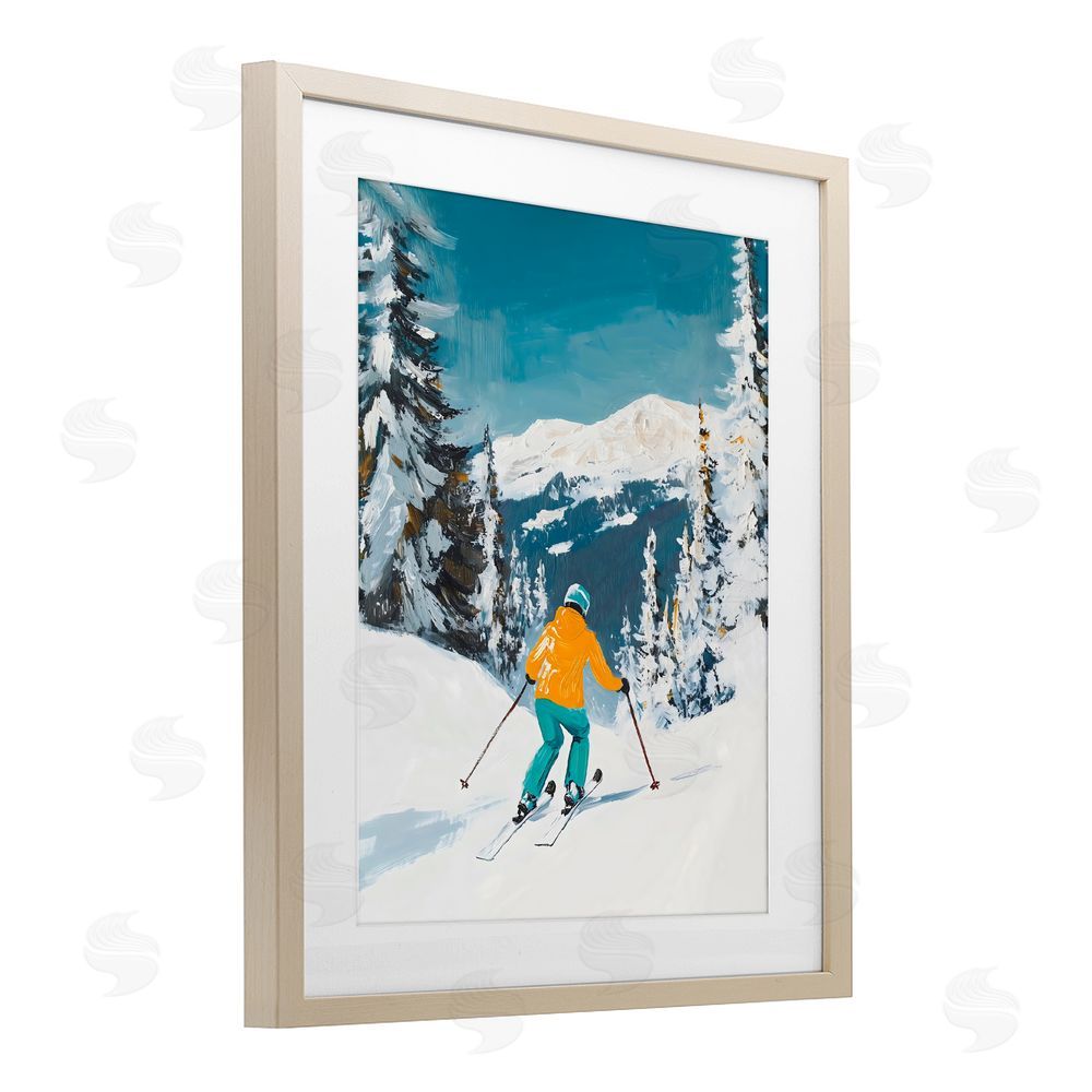 The Prints Vibe Downhill Skier on Mountain Brown Framed Print Under Glass Wall Art