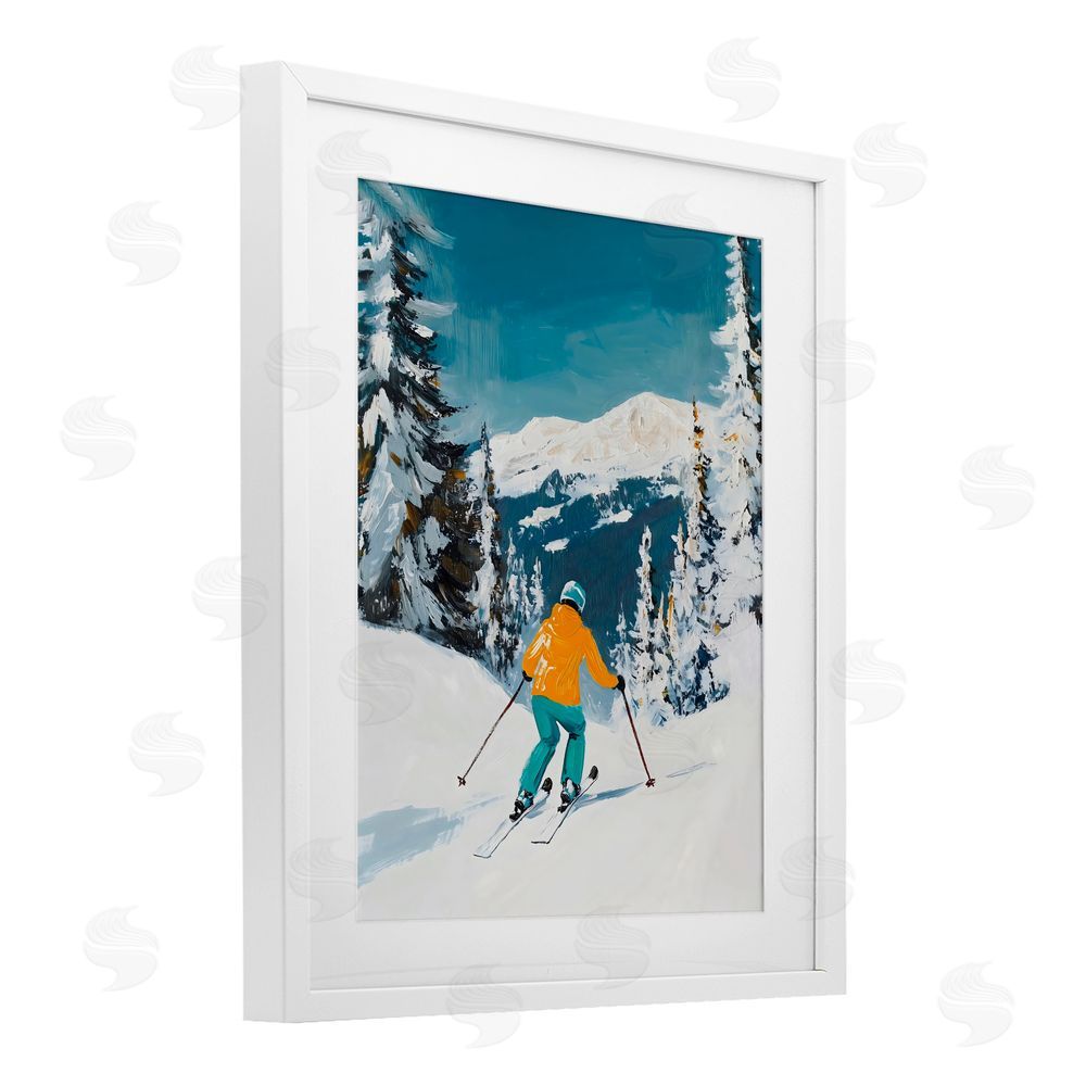 The Prints Vibe Downhill Skier on Mountain White Framed Print Under Glass Wall Art