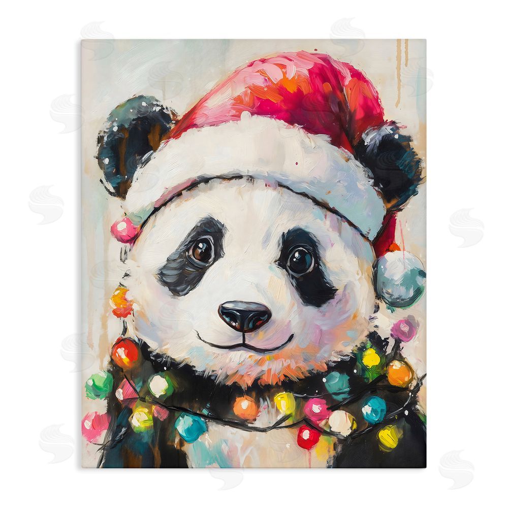 The Prints Vibe Christmas Lights Panda Stretched Canvas Wall Art Print