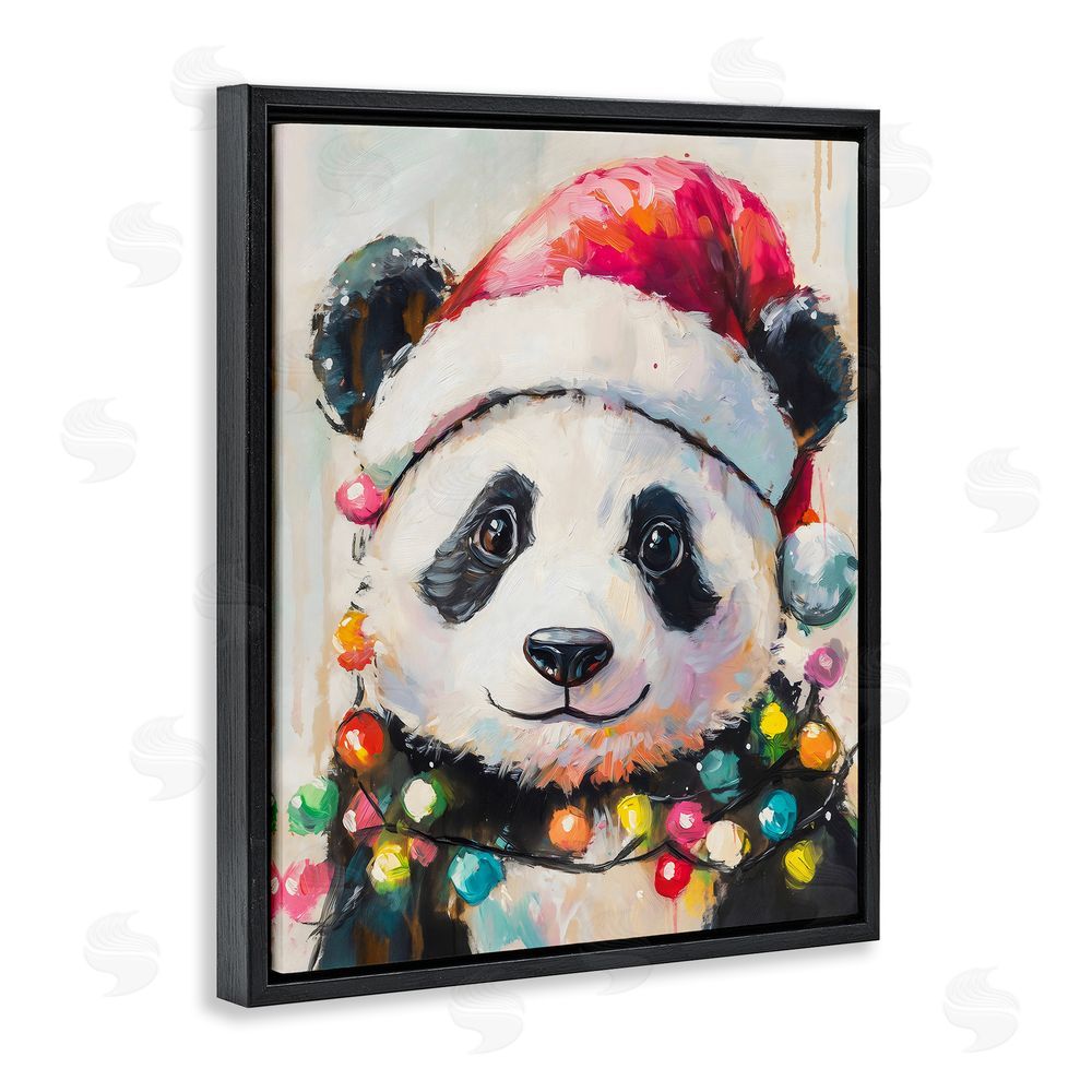 The Prints Vibe Christmas Lights Panda Black Floating Frame Canvas Wall Art Print