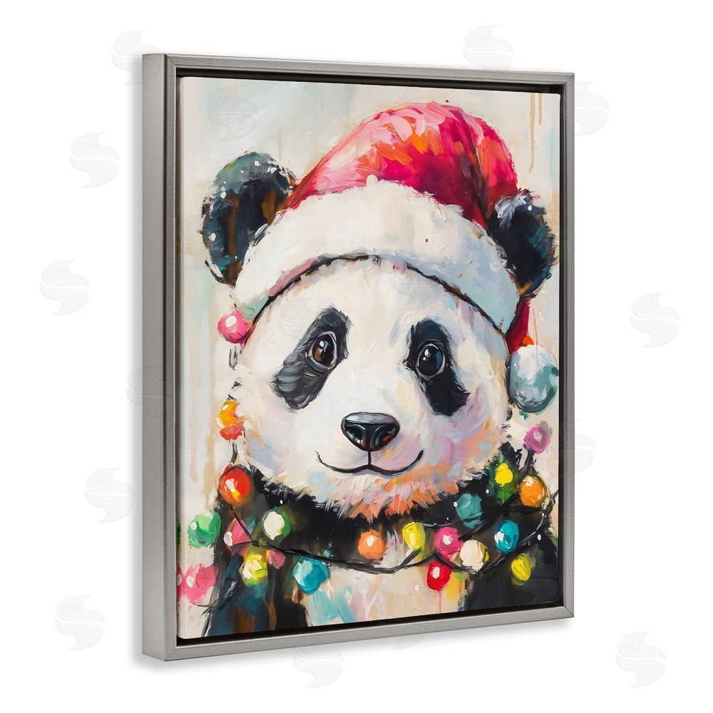 The Prints Vibe Christmas Lights Panda Gray Floating Frame Canvas Wall Art Print