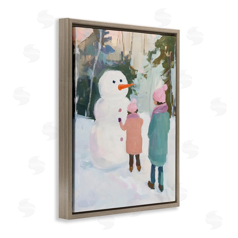 The Prints Vibe Two Girls With Snowman Brown Floating Framed Canvas Wall Art Print