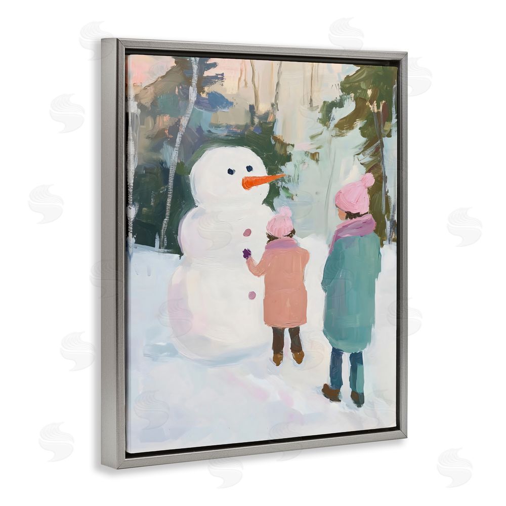 The Prints Vibe Two Girls With Snowman Gray Floating Framed Canvas Wall Art Print