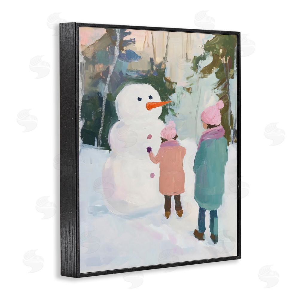 The Prints Vibe Two Girls With Snowman Black Framed Giclee Wall Art Print