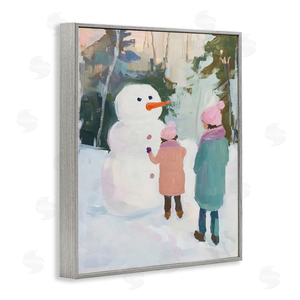 The Prints Vibe Two Girls With Snowman Gray Framed Giclee Wall Art Print