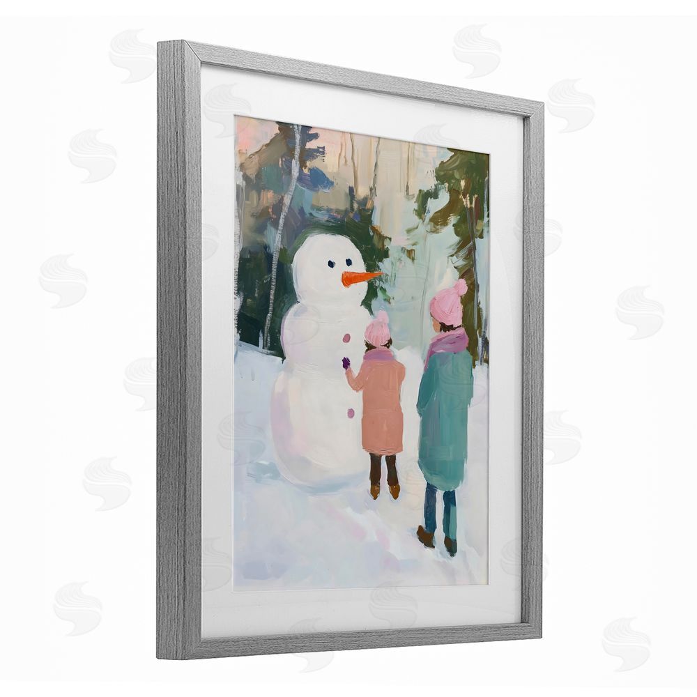 The Prints Vibe Two Girls With Snowman Gray Framed Print Under Glass with White Mat Wall Art