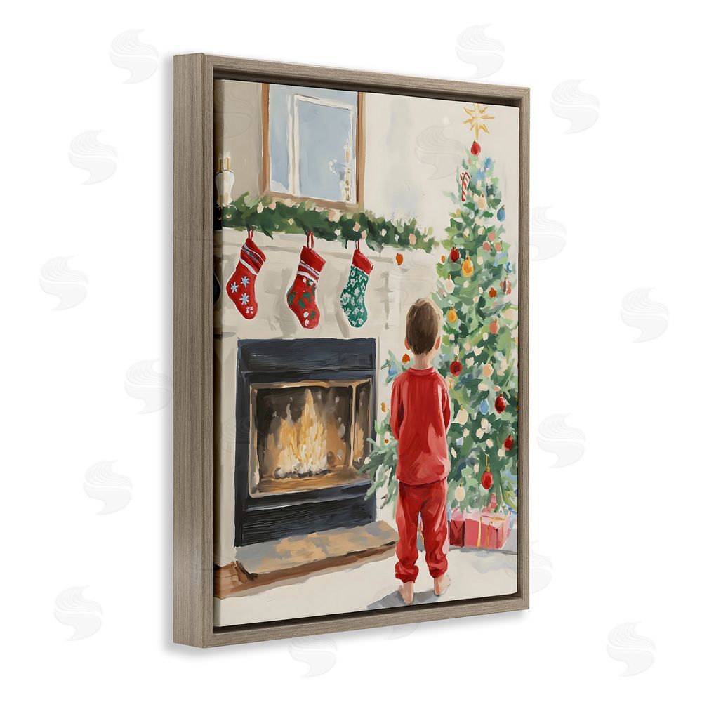 The Prints Vibe Child on Christmas Morning Brown Floating Frame Canvas Wall Art Print