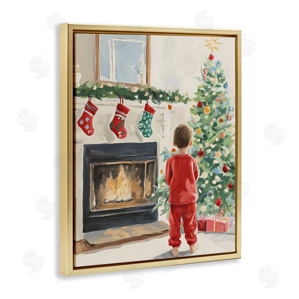 The Prints Vibe Child on Christmas Morning Gold Floating Frame Canvas Wall Art Print