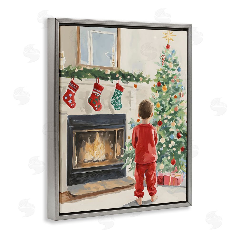 The Prints Vibe Child on Christmas Morning Gray Floating Frame Canvas Wall Art Print