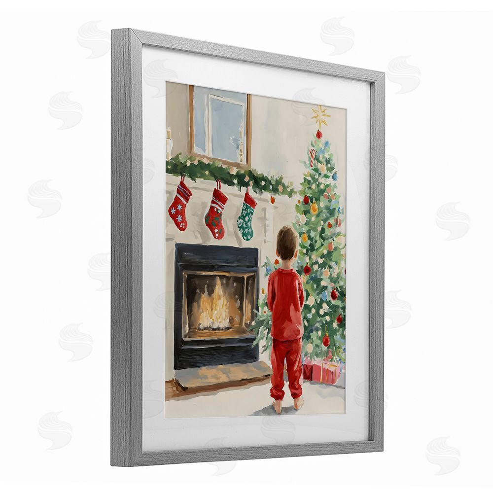 The Prints Vibe Child on Christmas Morning Gray Framed Print Under Glass Wall Art