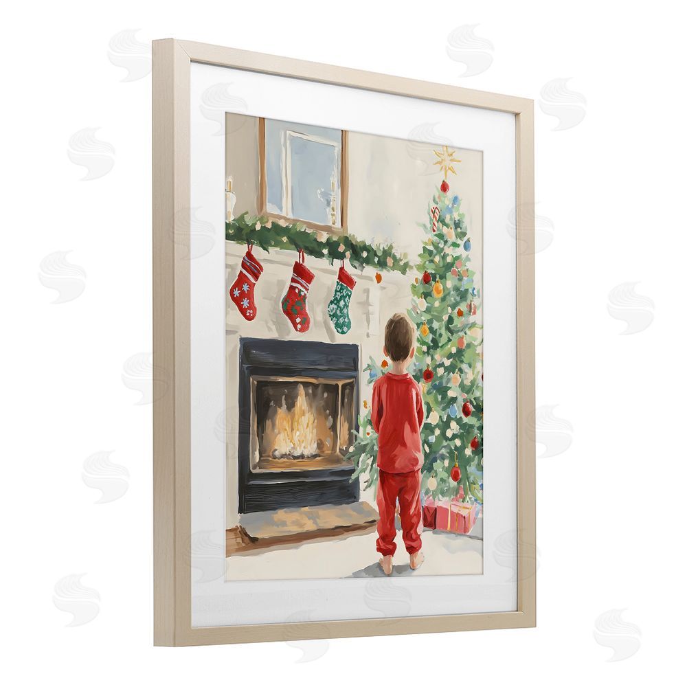 The Prints Vibe Child on Christmas Morning Brown Framed Print Under Glass Wall Art