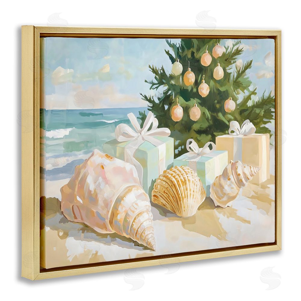 The Prints Vibe Coastal Seashell Christmas Gold Floating Frame Canvas Wall Art Print