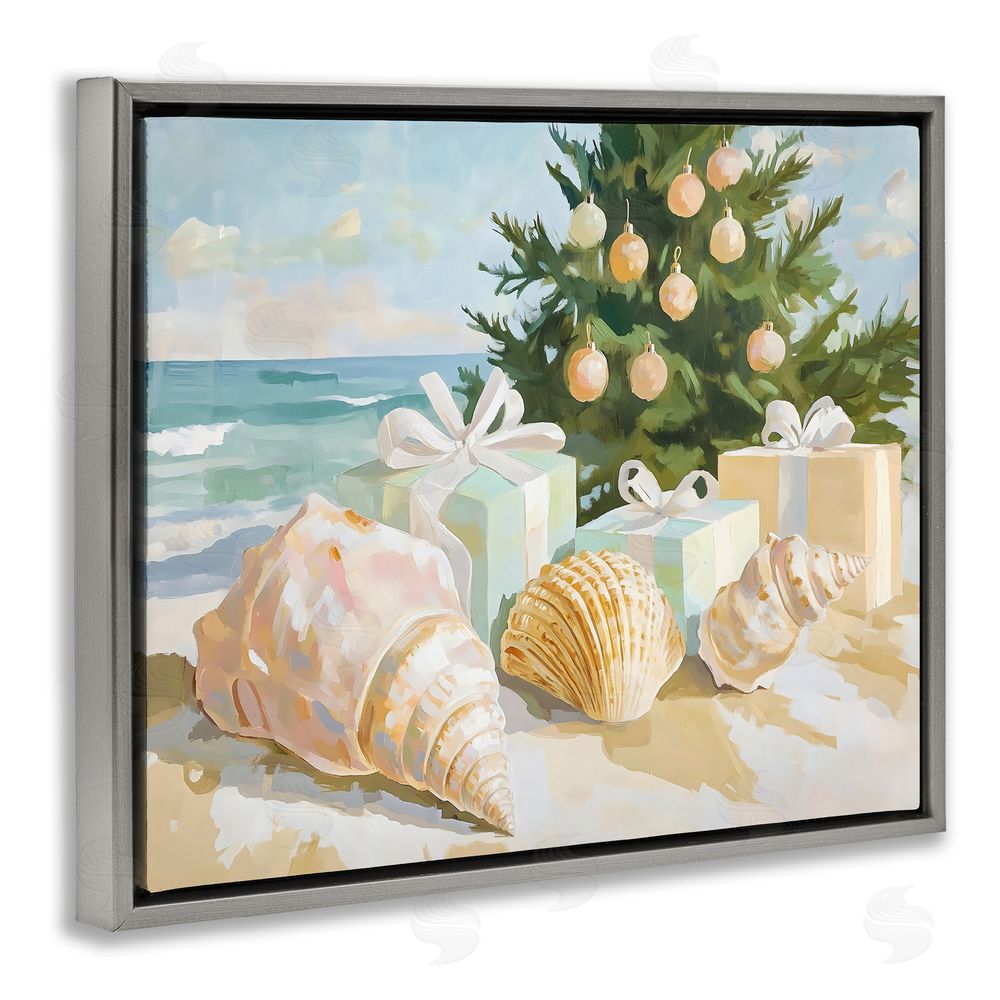 The Prints Vibe Coastal Seashell Christmas Gray Floating Frame Canvas Wall Art Print
