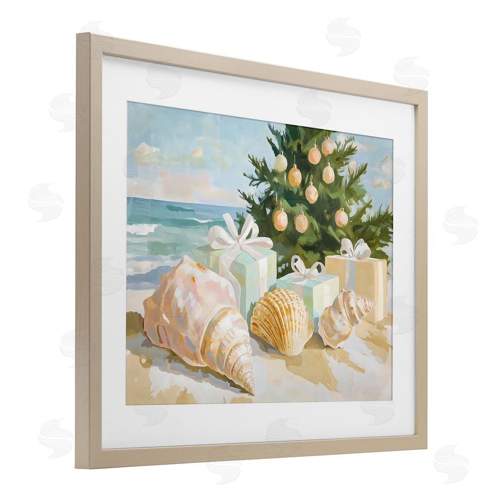 The Prints Vibe Coastal Seashell Christmas Brown Framed Print Under Glass Wall Art