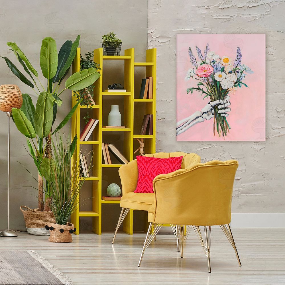The Prints Vibe Skeleton Hand Holding Flowers Stretched Canvas on Wall