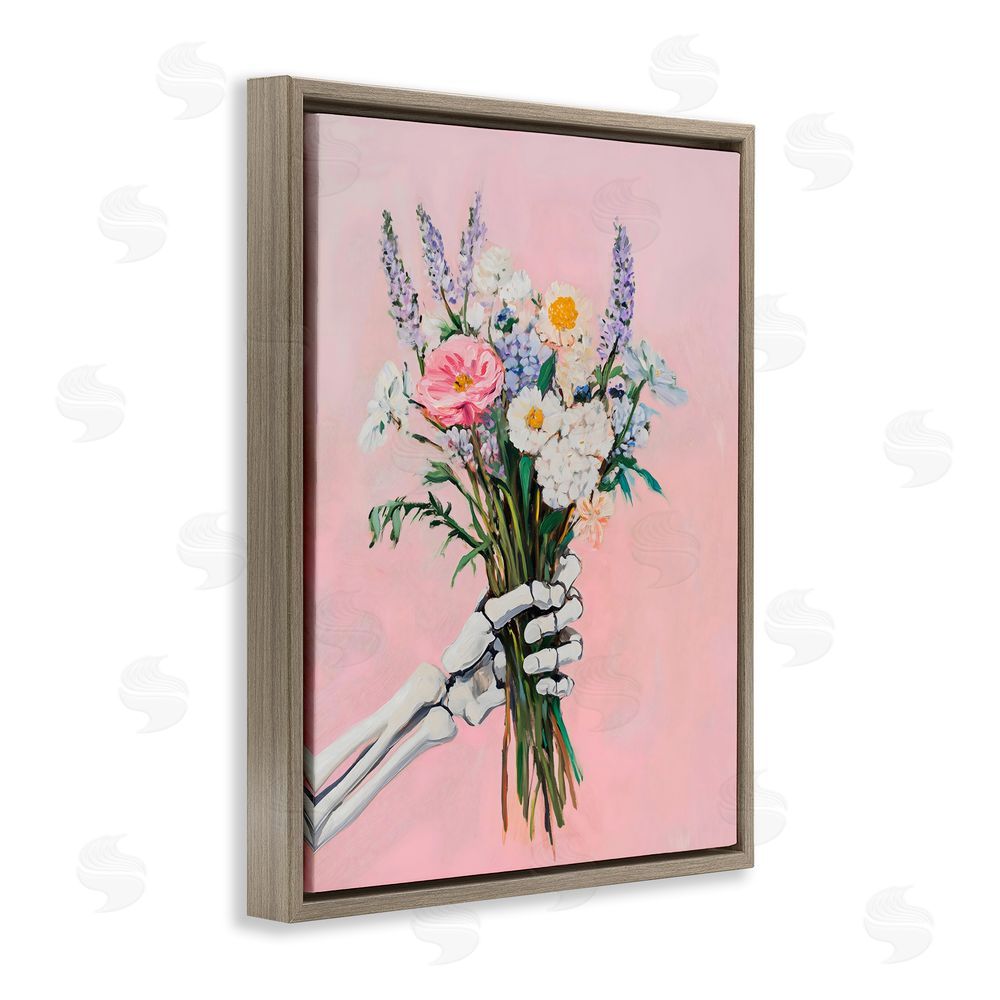 The Prints Vibe Skeleton Hand Holding Flowers Brown Floating Framed Canvas Wall Art Print