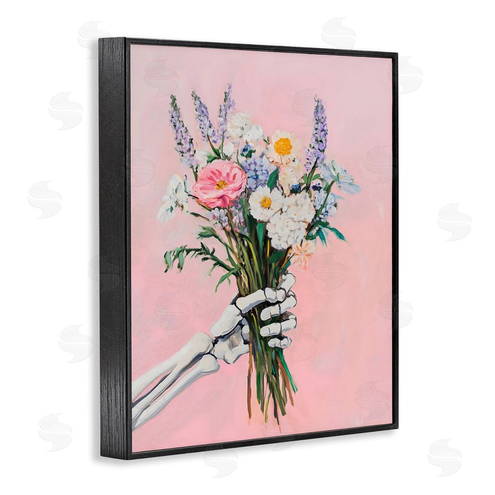 The Prints Vibe Skeleton Hand Holding Flowers Black Framed Giclee Wall Art Print