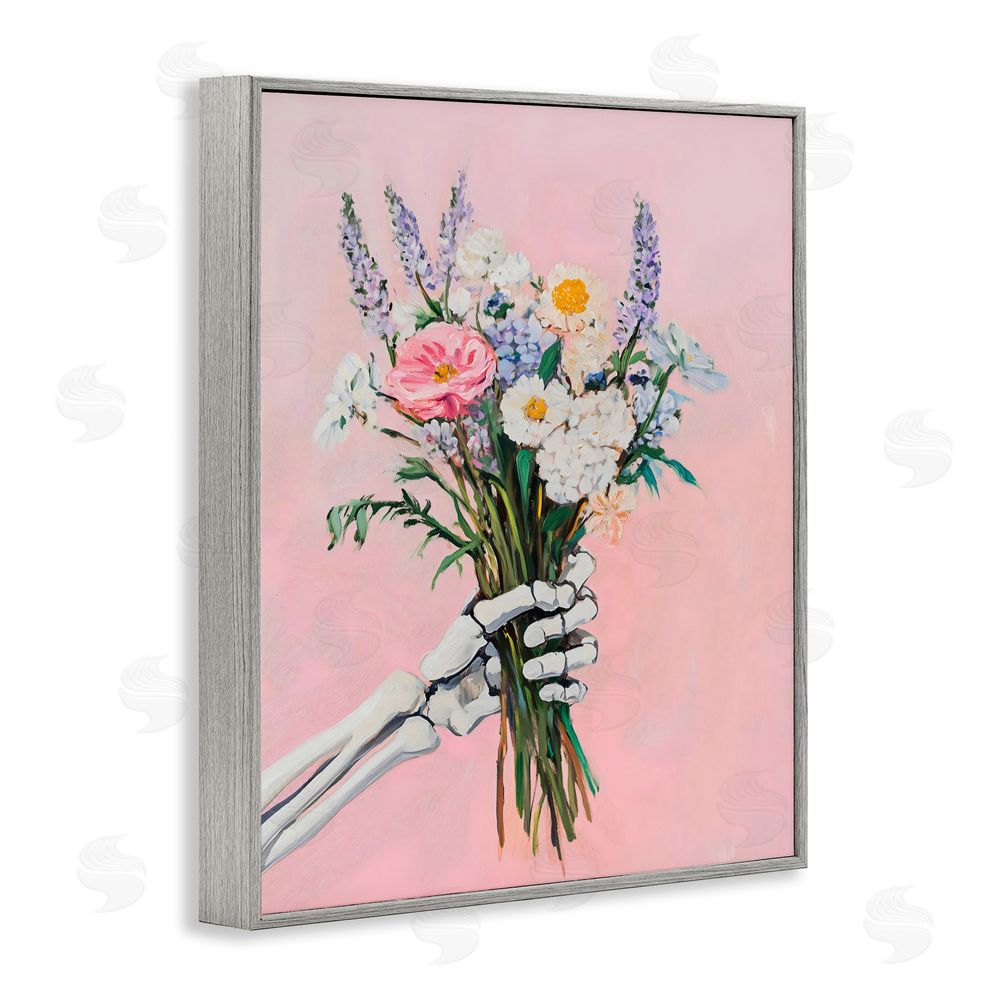 The Prints Vibe Skeleton Hand Holding Flowers Gray Framed Giclee Wall Art Print