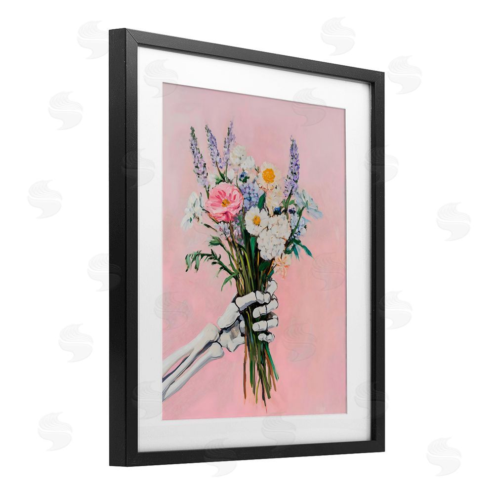 The Prints Vibe Skeleton Hand Holding Flowers Black Framed Print Under Glass with White Mat Wall Art