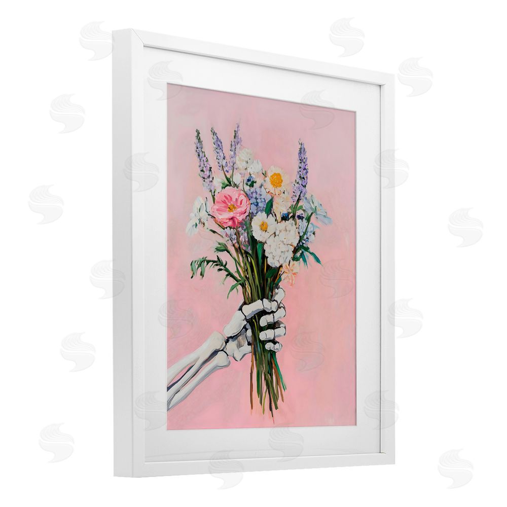 The Prints Vibe Skeleton Hand Holding Flowers White Framed Print Under Glass with White Mat Wall Art